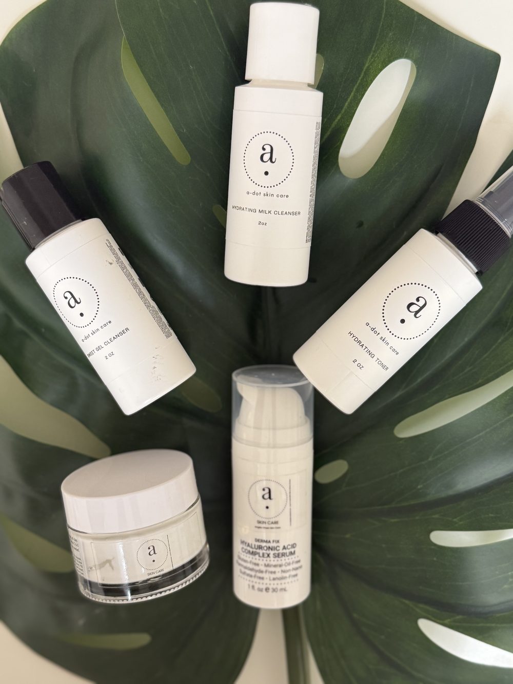 a.dot skin care bottles and a jar arranged on a monstera leaf