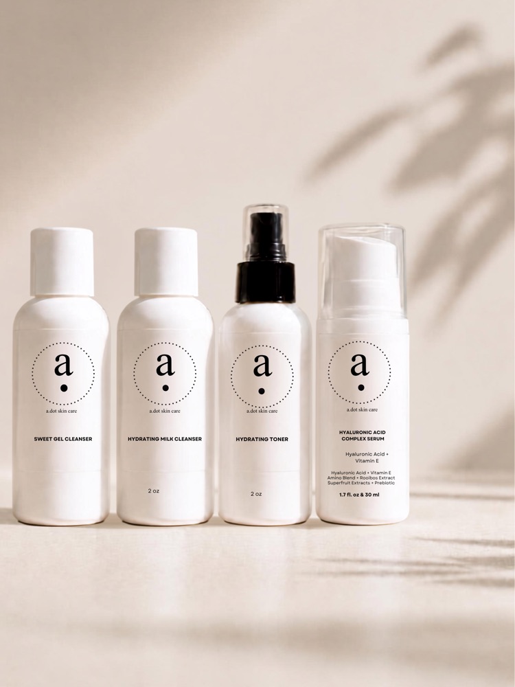 The a.dot skin care hydrating lineup: cleanser, toner, serum and moisturizer